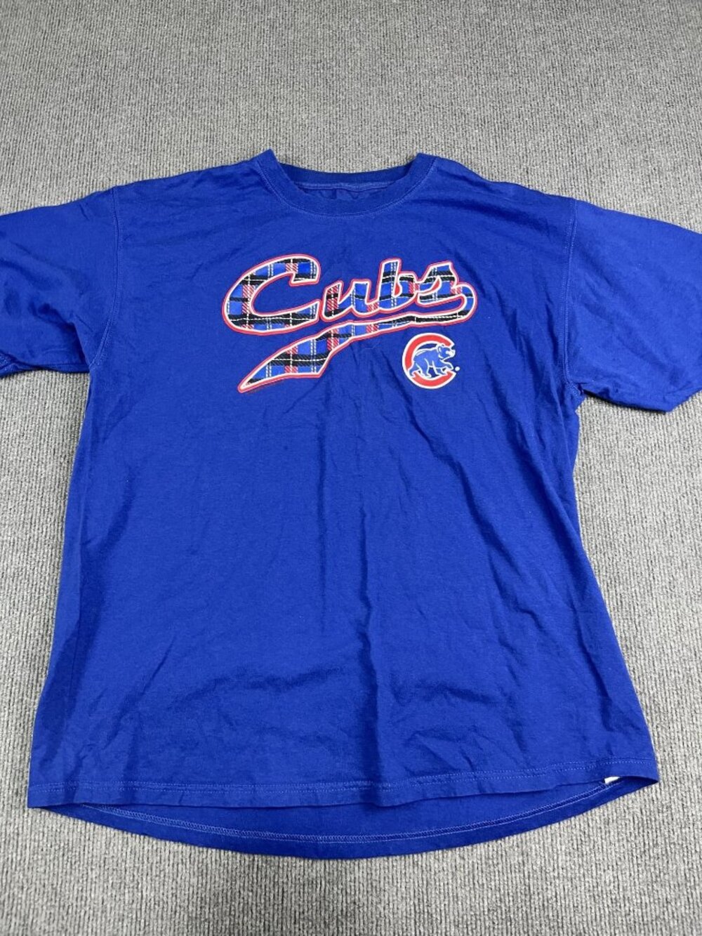 Chicago Cubs Men's Blue Tartan Logo T-Shirt Crewneck Short Sleeve Size XL